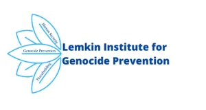 Logo of the LEmkin Institute for the Prevention of Genocide with a leftward pointing flower before the text